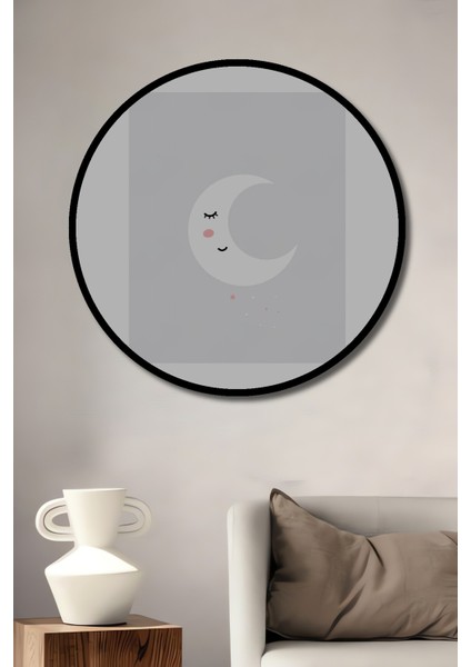 Dekoratif Ahşap Yuvarlak Çerçeve Görünümlü Tablo Gülen Ay