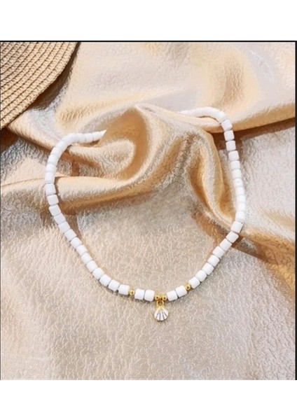 Beyaz Lino Boncuk İstiridye Kadın Kolye