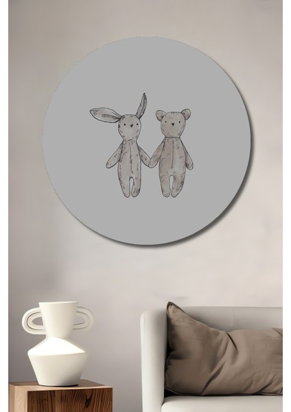 Dekoratif Ahşap Yuvarlak Tablo Tavşan ve Ayı