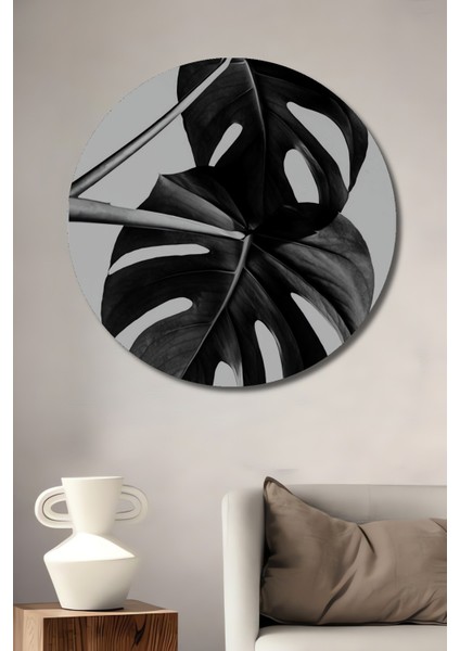 Dekoratif Ahşap Yuvarlak Tablo Monstera Yaprakları