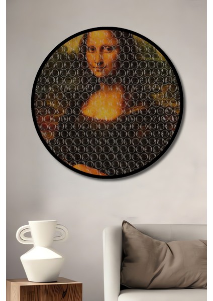 Dekoratif Ahşap Yuvarlak Çerçeve Görünümlü Tablo Mona Lisa Balonlu Naylon