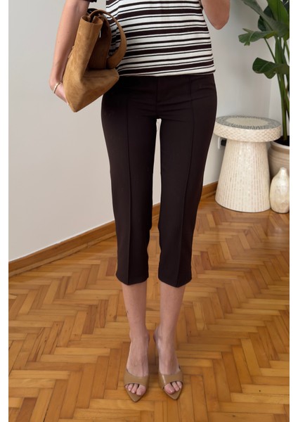 Premium Önü Çimalı Kumaş Kapri Pantolon- Kahverengi