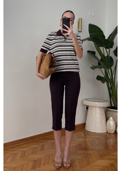 Premium Önü Çimalı Kumaş Kapri Pantolon- Kahverengi