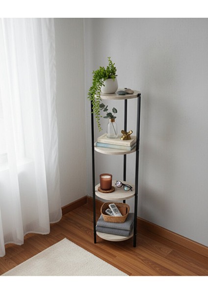 Dekoratif 4 Katlı Raflık, Çiçeklik, Köşe Rafi, Sehpa Çok Amaçlı Raf -Siyah Traverten-