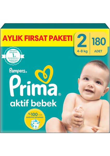 Prima Aktif Bebek, Bebek Bezi 2 Numara, 180 Adet Aylık Fırsat Paketi