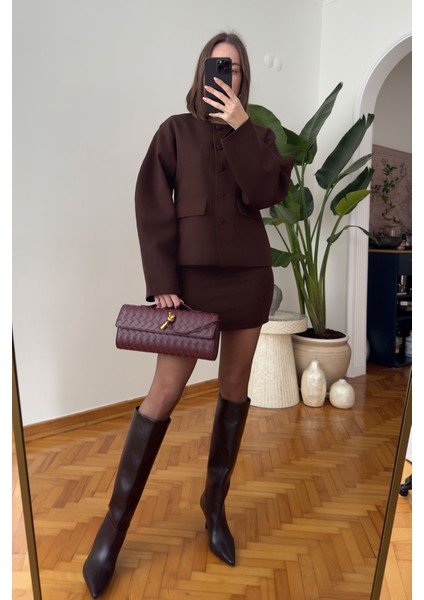 Süs Cep Detay Ceketli Etek Takım- Kahverengi