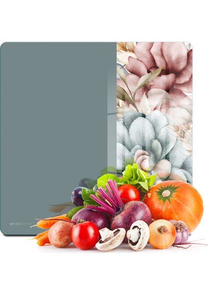 Cam Kesme Tahtası ve Sunumluk Kare Vintage Gri Çiçek 30X30 cm