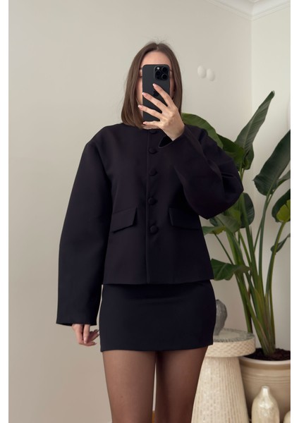 Süs Cep Detay Ceketli Etek Takım- Siyah