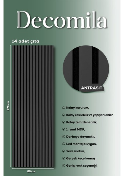 Mdf Ahşap Akustik Duvar Paneli 60X275 cm -Antrasit