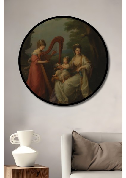 Dekoratif Ahşap Yuvarlak Çerçeve Görünümlü Tablo Anne Çocuk ve Müzisyen