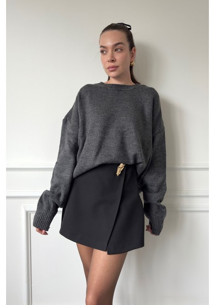 Gold Broşlu Premium Şort Etek- Siyah