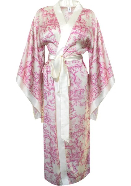 Pembe Desenli Saten Yarasa Kol Kimono-Pantolon Takım fırsatları