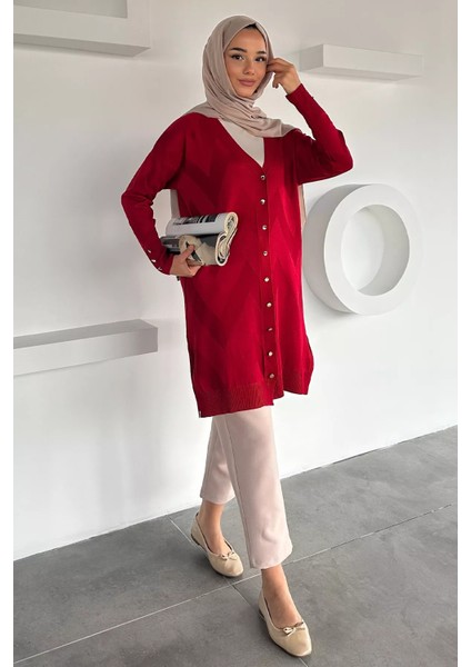 Ön Düğmeli Desenli Tesettür Triko Hırka (M-L-Xl Uyumludur) P-00018881