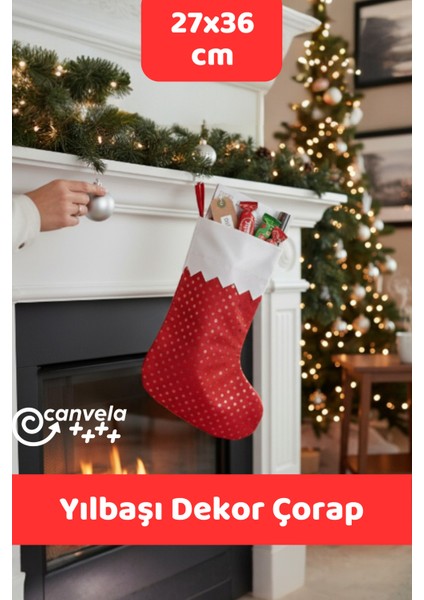 Yılbaşı Pullu Dekor Çorap Şömine Duvar Süsü Christmas Süsü Noel Baba Asma Dekor Süs 27X36 cm