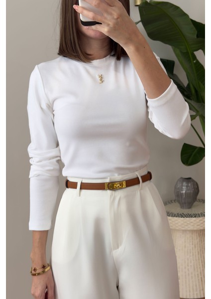 Orj Marka Broşlu Uzun Kollu Bluz- Ekru