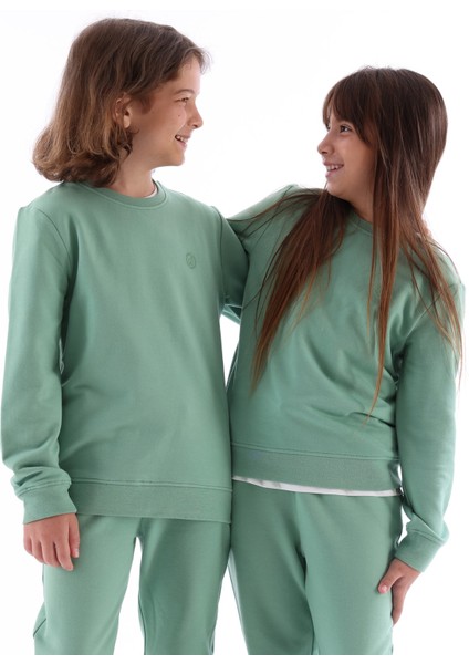 Yumuşacık Bambu Kumaş Şardonlu Yeşil Kışlık Unisex Çocuk Sweatshirt