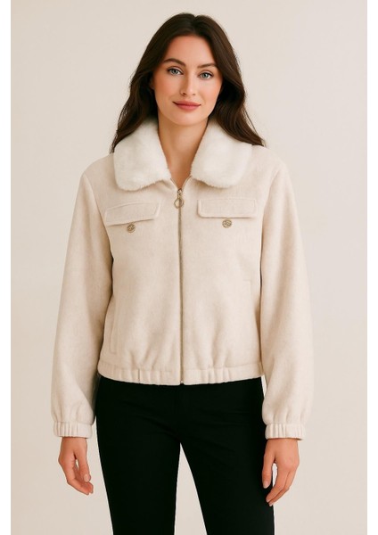 Kürk Detaylı Fox Ceket M4798 Ekru