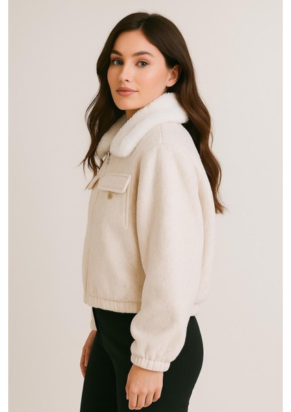 Kürk Detaylı Fox Ceket M4798 Ekru modelleri