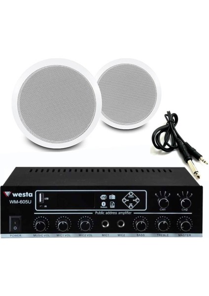 2’li Beyaz Tavan Hoparlörlü 100V Anfi Ses Sistemi | Kafe Mağaza Ofis Müzik Seti