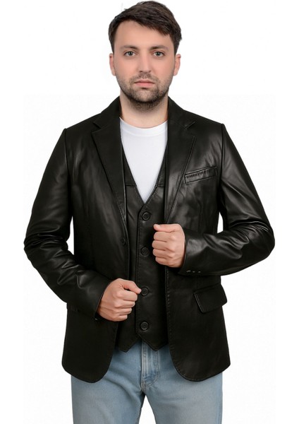 Armada Hakiki Deri Punto Dikişli Erkek Siyah Blazer Ceket & Yelek