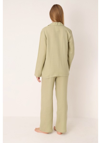 Kadın Uzun Kollu Önden Düğmeli Müslin Dokuma Pijama Takım 68275 modelleri