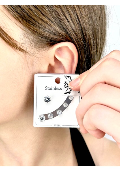 Çoklu, Zirkon Taşlı, Paslanmaz Çelik Küpe 522, Gümüş Renk fiyatları