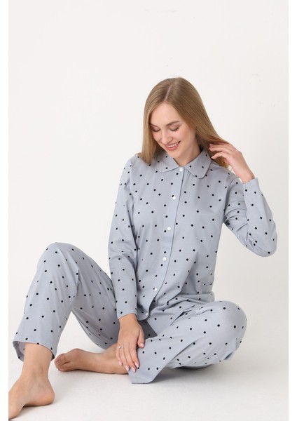 Kadın Uzun Kollu Önden Düğmeli Puantiyeli Pijama Takım 68257