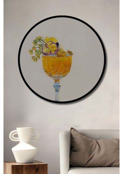 Dekoratif Ahşap Yuvarlak Çerçeve Görünümlü Tablo Turuncu Çiçekler Şarap Kadehi