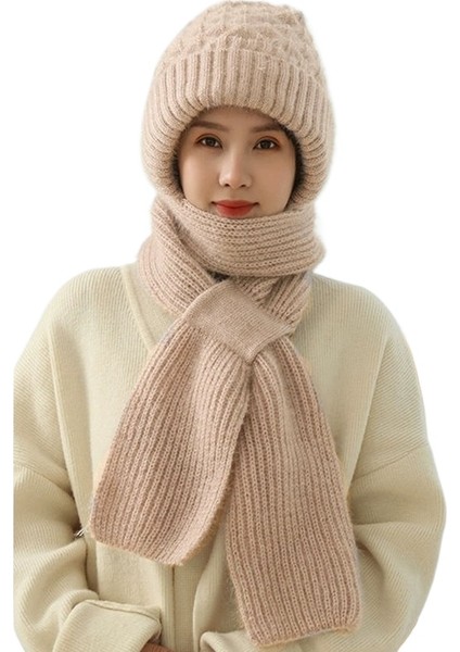 Yeni Şapka Eşarp Entegre Şapka Artı Kadife Kalınlaştırılmış Kadın Sıcak Sonbahar ve Kış Örme Şapka Kulak Koruması Boyun Koruması Soğuk, Rüzgar ve Kar Koruması (Yurt Dışından)