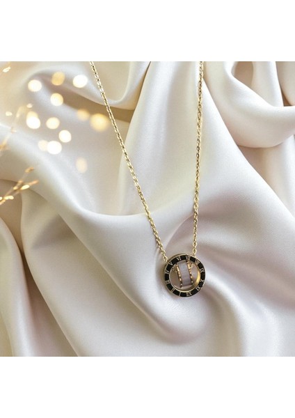 316L Çelik Gold Renk Roma Rakamlı Yuvarlak Kolye - Kadın Zarif Şık Takı Gold Renk Kolye Çelik Kolye Kadın Kolye