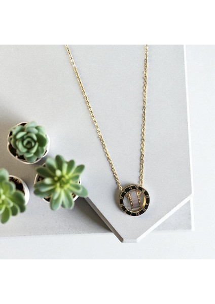 316L Çelik Gold Renk Roma Rakamlı Yuvarlak Kolye - Kadın Zarif Şık Takı Gold Renk Kolye Çelik Kolye Kadın Kolye modelleri