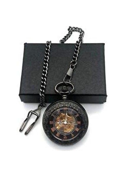 Mekanik İskelet Cep Saati Şık Tasarım 38mm Siyah Metal Kasa ile Kutulu