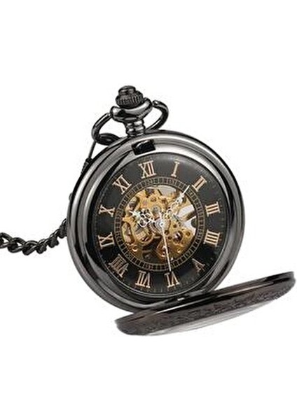 Mekanik İskelet Cep Saati Şık Tasarım 38mm Siyah Metal Kasa ile Kutulu