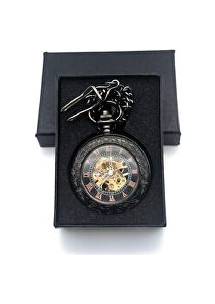 Mekanik İskelet Cep Saati Şık Tasarım 38mm Siyah Metal Kasa ile Kutulu