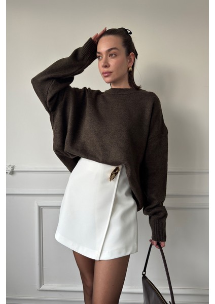 Gold Broşlu Premium Şort Etek- Beyaz