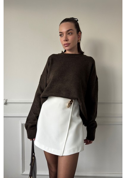 Gold Broşlu Premium Şort Etek- Beyaz