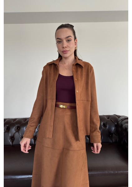 Kolu Fermuarlı Süet Gömlek- Taba