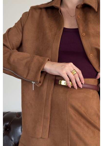 Kolu Fermuarlı Süet Gömlek- Taba