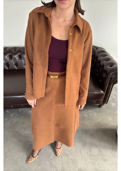 Kolu Fermuarlı Süet Gömlek- Taba