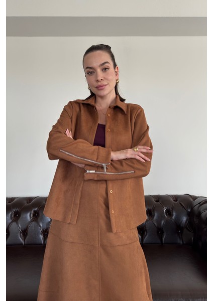 Kolu Fermuarlı Süet Gömlek- Taba