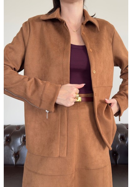 Kolu Fermuarlı Süet Gömlek- Taba