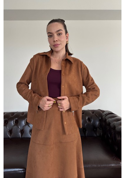 Kolu Fermuarlı Süet Gömlek- Taba