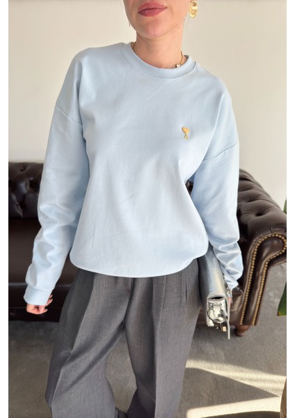 Kalp Broşlu Orj Sweatshirt- Bebe Mavisi