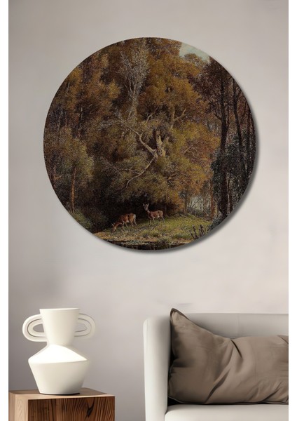 Dekoratif Ahşap Yuvarlak Tablo Ormanda Geyikler