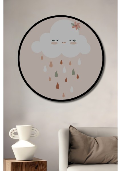 Dekoratif Ahşap Yuvarlak Çerçeve Görünümlü Tablo Gülen Bulut Yolu