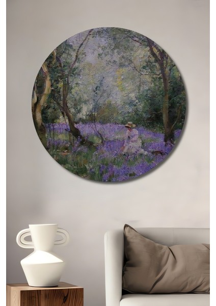 Dekoratif Ahşap Yuvarlak Tablo Mor Çiçekler Ile Büyülü Orman
