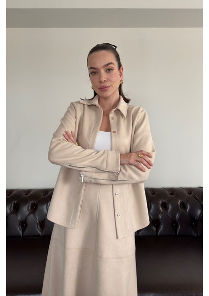 Kolu Fermuarlı Süet Gömlek- Bej