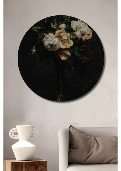 Dekoratif Ahşap Yuvarlak Tablo Gül Buketi