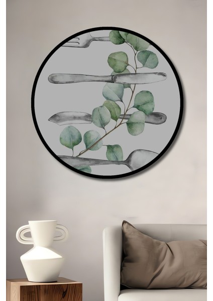 Dekoratif Ahşap Yuvarlak Çerçeve Görünümlü Tablo Çatal Bıçak Yaprak