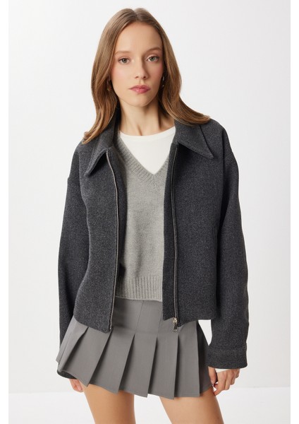 Polo Yaka Fermuarlı Kaşe Ceket LOH0015 Antrasit